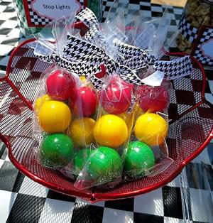 gumball favor bag with checkered ribbon